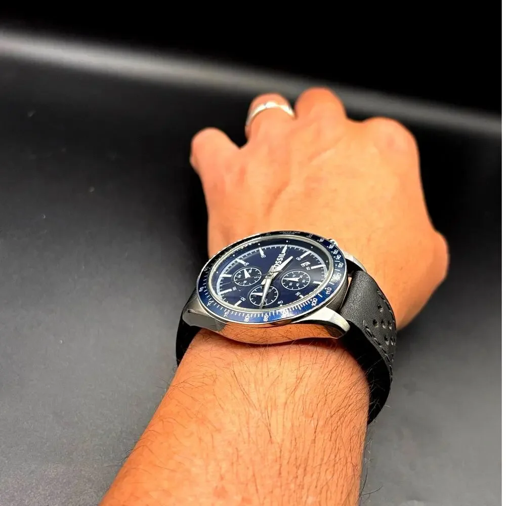 Fossil Field Scout BQ2065 Chronograph Blue Dial Black Leather Men’s 44mm Watch